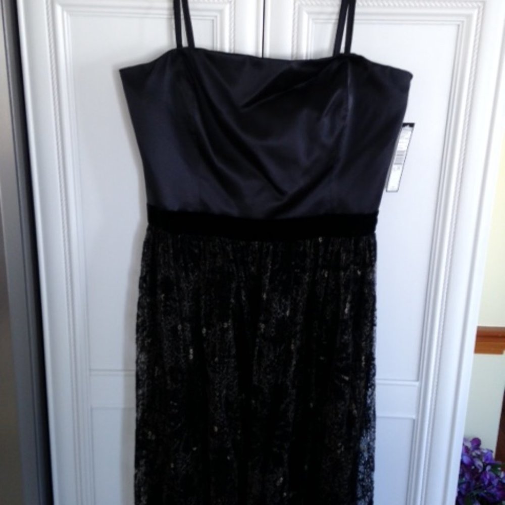 Black satin top evening dress with lace bottom